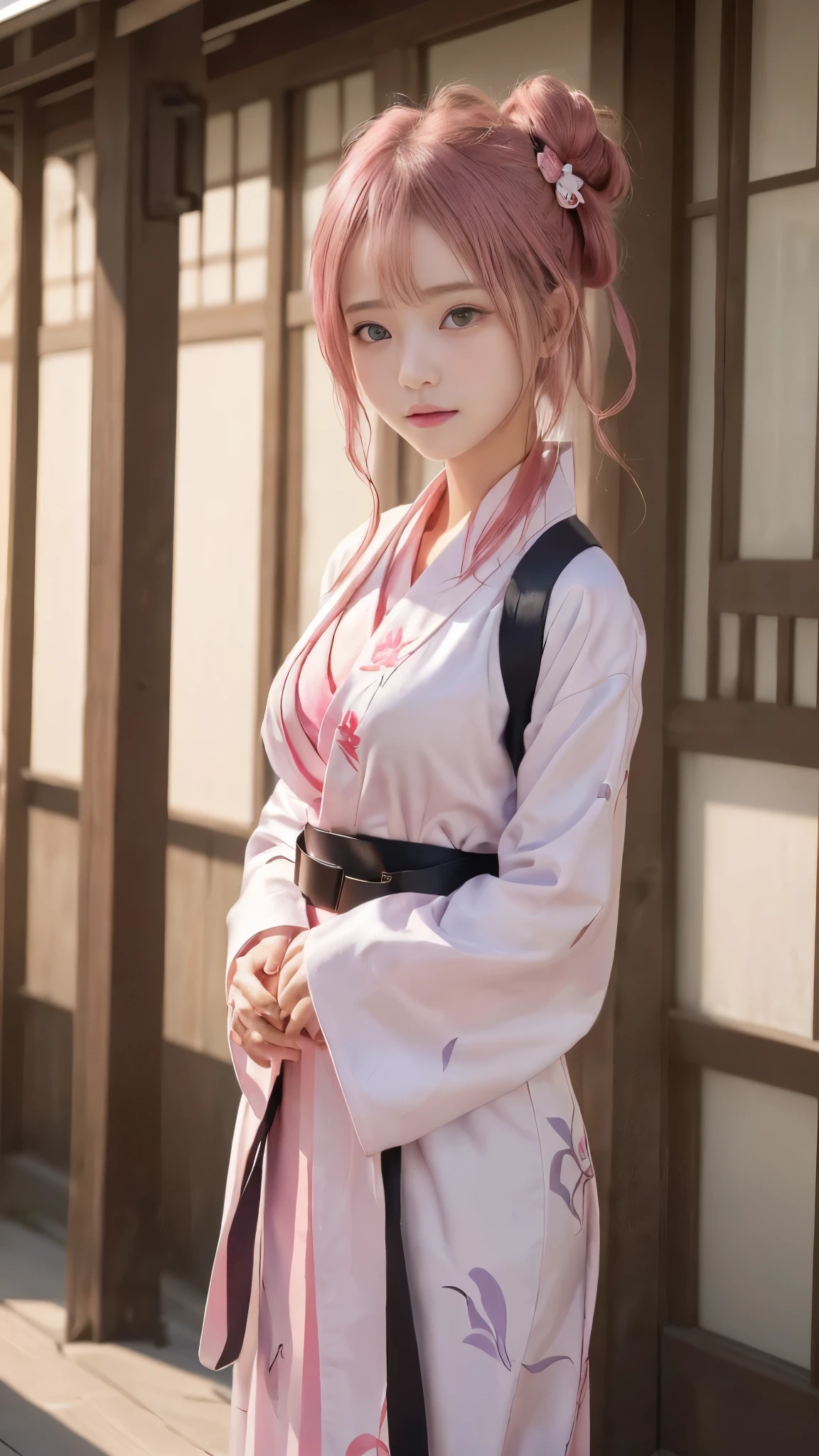 Girl im Kimono standing in front of a building, trägt ein einfaches Gewand, ((Red belt, Eleganter weißer Kimono)), bestes Anime 4k Konachan-Hintergrundbild, im Kimono, Ayaka Genshin Impact, Süße Anime-Mädchen-Bilder, (((inspiriert von Yui Yuigahama))), trägt ein einfaches Gewand, weibliche Protagonistin 👀 :8, Anime-Moe-Kunststil, junges Mädchen, (schöne Brüste), ((höchste Qualität, 8K, Meisterwerk:1.2)), (detaillierte Augen und Gesicht:1.2), (detaillierte Hände:1.3), (perfekte Anatomie:1.3), (15 Jahre altes schönes Mädchen, Babygesicht:1.3), (Schlanke Körperlinie), (Kleine und schlanke Figur), ((Frisur mit seitlichem Dutt, schöne rosa Haare)), kurzes Haar, (den Betrachter anstarren:1.2)