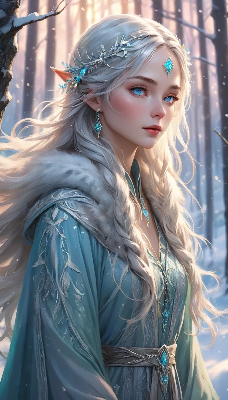 (masterpiece:1.3),(highest quality:1.4),(ultra detailed:1.5),High resolution,extremely detailed,unity 8k wallpaper,A graceful Nordic elf with long, silvery hair and piercing blue eyes, wearing a flowing robe made of fine furs and adorned with intricate silver embroidery. She stands in a snow-covered forest, the northern lights casting a mystical glow around her. She holds a staff carved with ancient runes, exuding a sense of timeless wisdom and power.