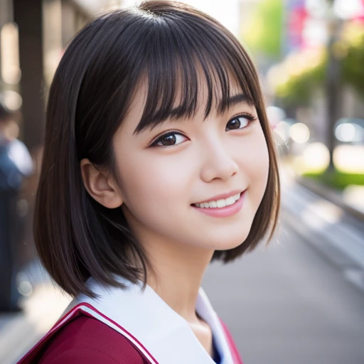 かわいい15歳の日本人、路上で、非常に詳細な顔、細部に注意を払う、二重まぶた、美しい細い鼻、シャープなフォーカス:1.2、きれいな女性:1.4、(ショートヘア)、純白の肌、最高品質、傑作、超高解像度、(現実的:1.4)、非常に詳細でプロフェッショナルな照明、素敵な笑顔、日本の女子高生の制服