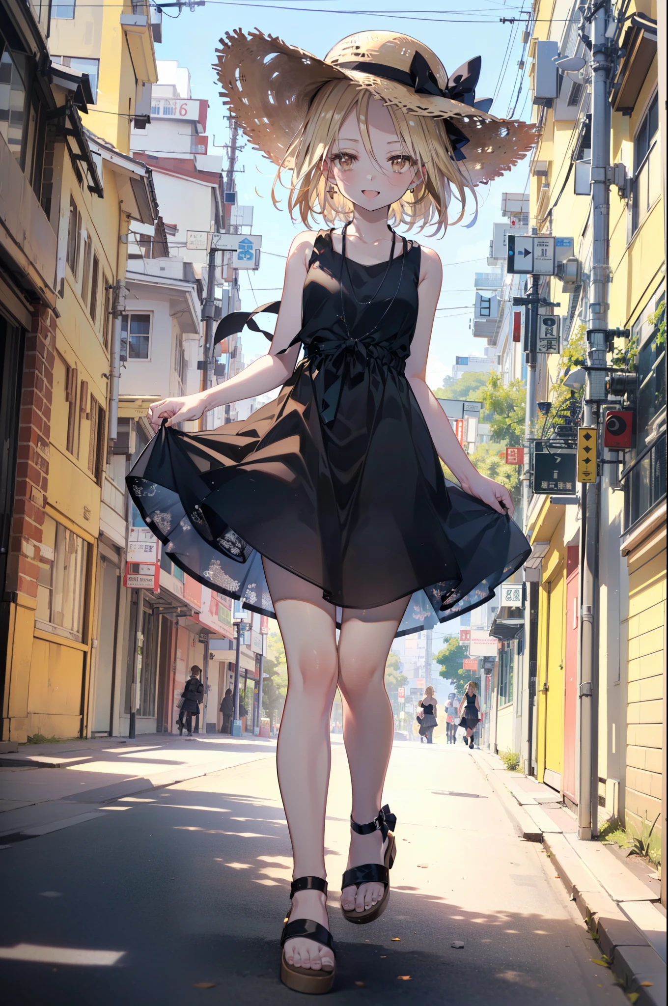 (annakyouyama, anna kyouyama, Blonde Hair, short hair, (Brown eyes:1.7),happy smile, smile, Open your mouth,Big straw hat,Black sleeveless dress,Long skirt,Cute Sandals,Daytime,Clear skies,Walking,
壊す looking at viewer, whole body,
Destroy outdoors, Building district,Destroy the coastal road (masterpiece:1.2), highest quality, High resolution, unity 8k wallpaper, (shape:0.8), (Fine and beautiful eyes:1.6), Highly detailed face, Perfect lighting, Highly detailed CG, (Perfect hands, Perfect Anatomy),