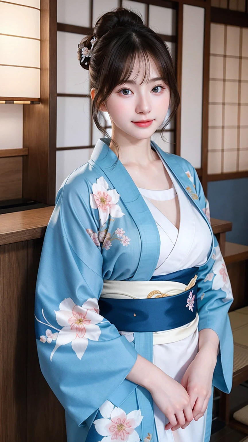 ((best quality)), photorealistic, photorealism, Photorealistic, high resolution, Beautiful, Baby Face, 20 Years Old, White Skin, pale skin, medium breast, seductive pose, dynamic pose, looking at the camera, (Detailed face), bun hair, sexy body, (wearing japanese blue kimono), (japanese flowers motif kimono), Fingers are occluded, bokeh, cafe background