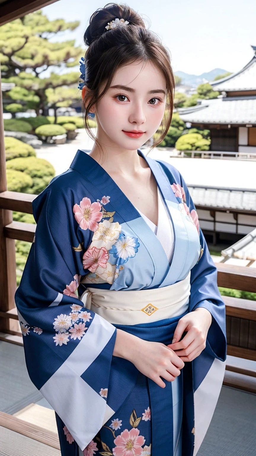 ((best quality)), photorealistic, photorealism, Photorealistic, high resolution, Beautiful, Baby Face, 20 Years Old, White Skin, pale skin, medium breast, seductive pose, dynamic pose, looking at the camera, (Detailed face), bun hair, sexy body, (wearing japanese blue kimono), (japanese flowers motif kimono), Fingers are occluded, bokeh, cafe background