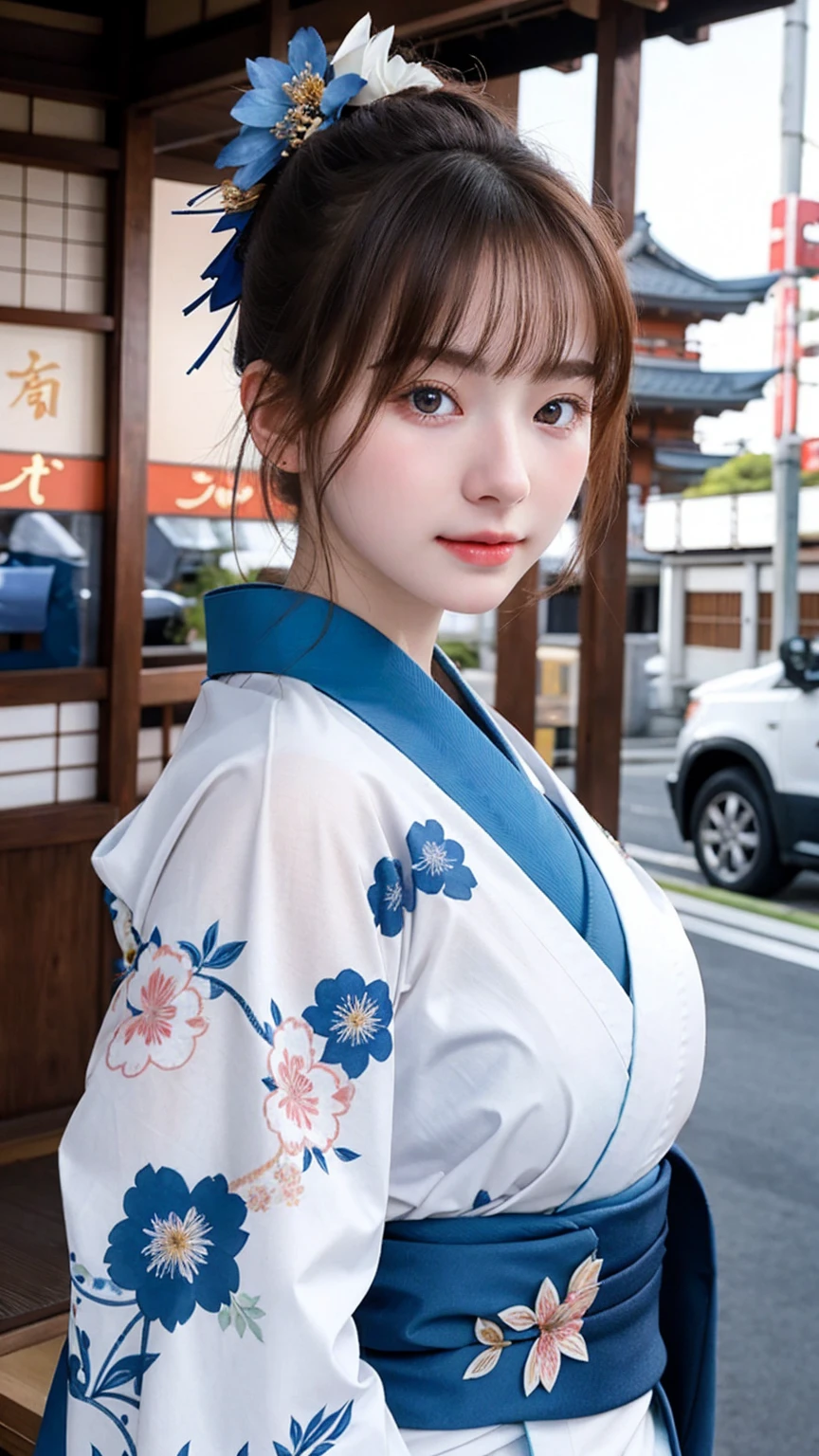 ((best quality)), photorealistic, photorealism, Photorealistic, high resolution, Beautiful, Baby Face, 20 Years Old, White Skin, pale skin, medium breast, seductive pose, dynamic pose, looking at the camera, (Detailed face), bun hair, sexy body, (wearing japanese blue kimono), (japanese flowers motif kimono), Fingers are occluded, bokeh, cafe background