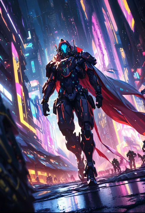 Valiant hero patrolling neonlit futuristic city, advanced armored suit, cape flowing in wind, wet pavement reflecting colorful l...