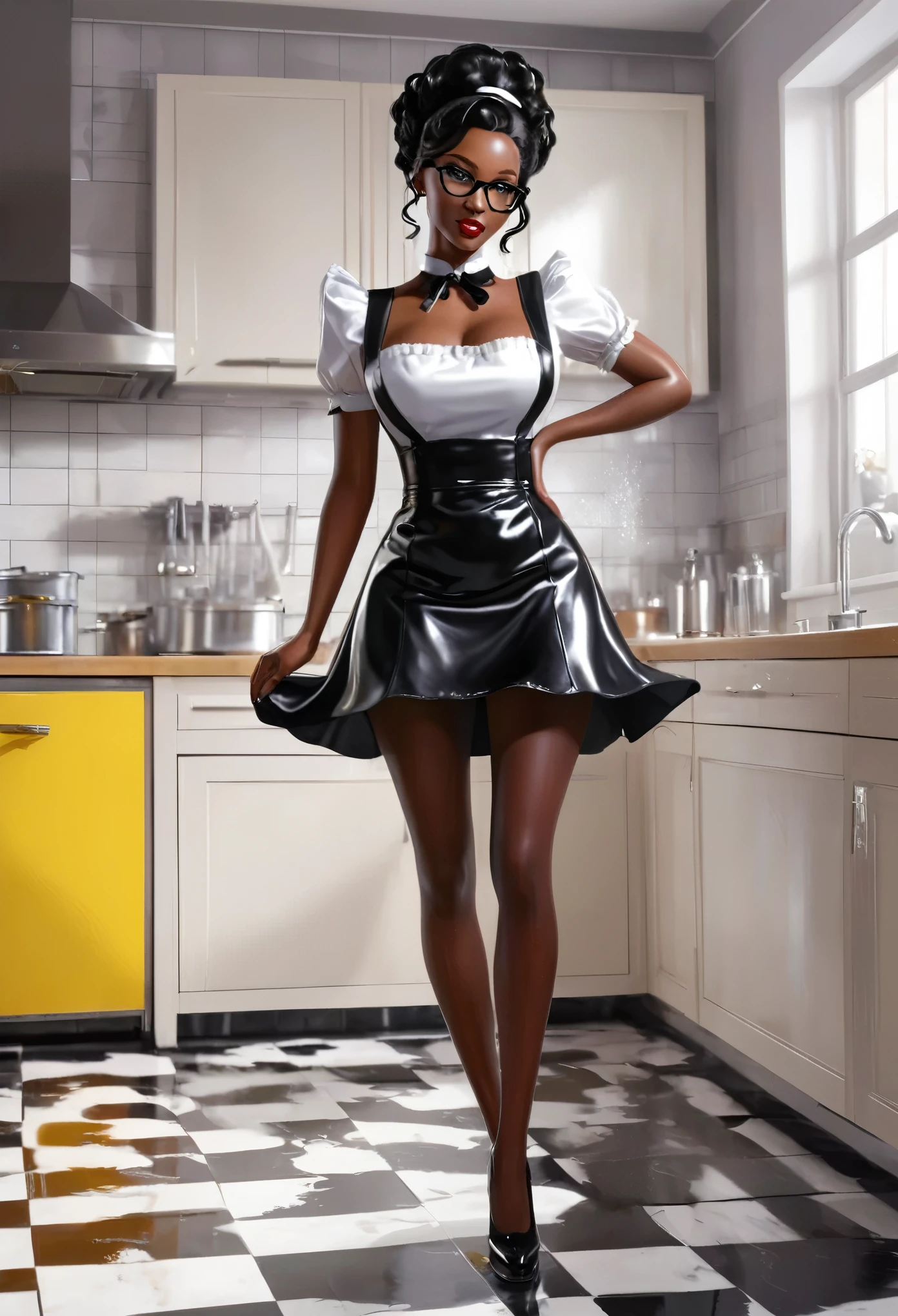 (masterpiece, best quality:1.2),wavy hair maid，Solitary,Wear glasses，Exquisite eyes,Delicate black hair，Charming eye shadow( Black person:1.2)( dark skin:1.2)，african man,( Smooth skin:1.2)( Wear a sexy leather maid outfit:1.2)， Slender body proportions，Wet sexy plump lips，Long legs，Perfect fingers，High heel，( Back pose 1.2), (Rear view 1.2)In the dishwashing