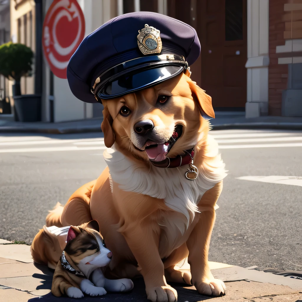 Foto CRU, 8K, realista, cachorro está usando chapéu de policial, gatinho está sentado ao lado de um cachorro ,rua