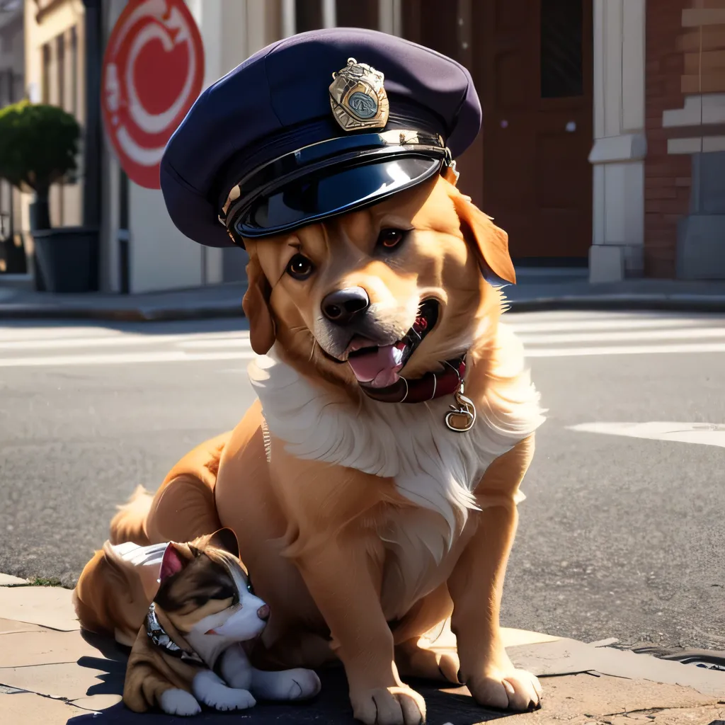 RAW photo, 8K, realistic, dog is wearing police's hat, kitten is sitting aside a dog ,street