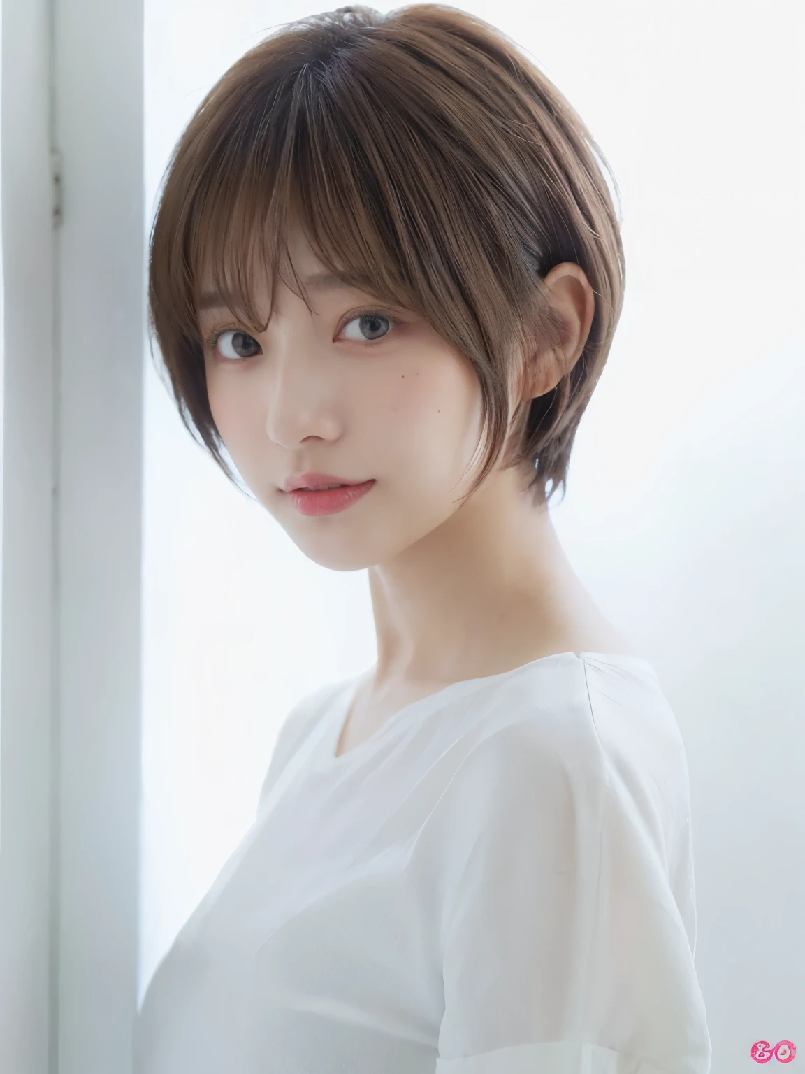 Light grey short sleeve dress、Tabletop、(White wall in the background)、In front of the white door、((highest quality、8k、masterpiece:1.3))、Ultra-high resolution、(photoGenuineistic:1.4)、RAW Photos、30-year-old woman、Japanese,(face)、Genuine、Photographed in natural light、Highly detailed face and skin texture、Highly detailed lips、The correct state of the human body、short hair、Shortcuts、Brown Hair、short hair、Mr.々A pose、Natural color lip、Fluffy hair