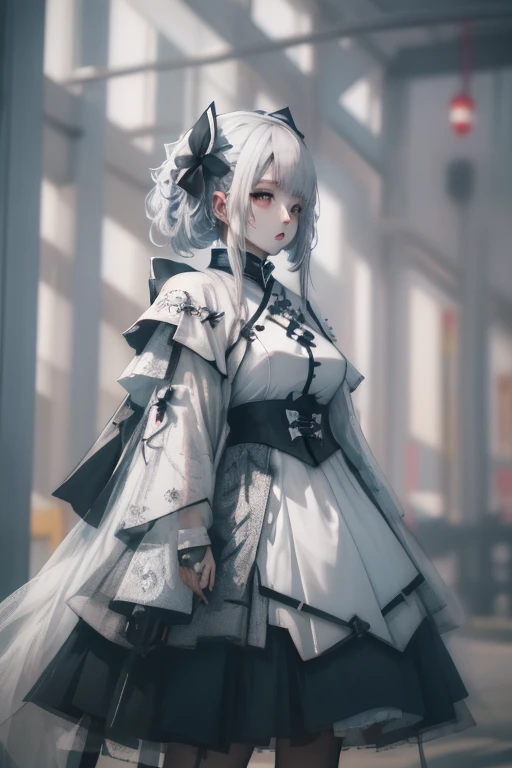 silver haired girl,Anime girl with silver hair, white hair and blue eyes wearing a black and white dress. Anime girl with a blue bow and black and white clothes.，Inspired by Leng Mei、pixiv、tachisme、Girls&#39; Frontline宇宙、ahegao face、Exquisitely detailed anime paintings。Girls&#39; Frontline, 來自Girls&#39; Frontline, ahegao, Close-up of young anime girl, Girls&#39; Frontline風格, Black anime pupils in her eyes, White-haired god

白髮和黑白服裝的動漫女孩，Anime drawing inspired by Moto Sorayama，Trends on Pixiv，new doctrine，Broken beautiful female robot！ ，Anime robot mixed with organic，Wearing white futuristic armor，White-haired god，Glossy white armor anime goddess white armor，Covered in silver armor