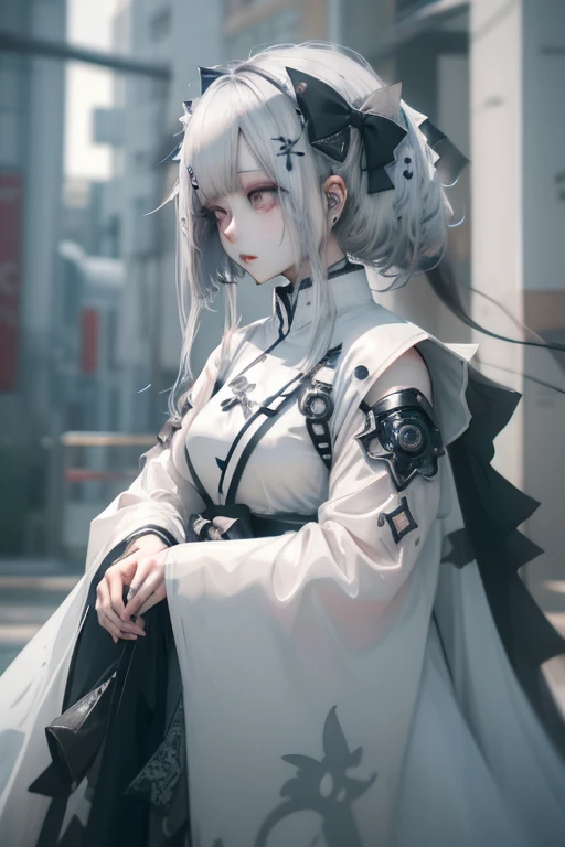 silver haired girl,Anime girl with silver hair, white hair and blue eyes wearing a black and white dress. Anime girl with a blue bow and black and white clothes.，Inspired by Leng Mei、pixiv、tachisme、Girls&#39; Frontline宇宙、ahegao face、Exquisitely detailed anime paintings。Girls&#39; Frontline, 來自Girls&#39; Frontline, ahegao, Close-up of young anime girl, Girls&#39; Frontline風格, Black anime pupils in her eyes, White-haired god

白髮和黑白服裝的動漫女孩，Anime drawing inspired by Moto Sorayama，Trends on Pixiv，new doctrine，Broken beautiful female robot！ ，Anime robot mixed with organic，Wearing white futuristic armor，White-haired god，Glossy white armor anime goddess white armor，Covered in silver armor