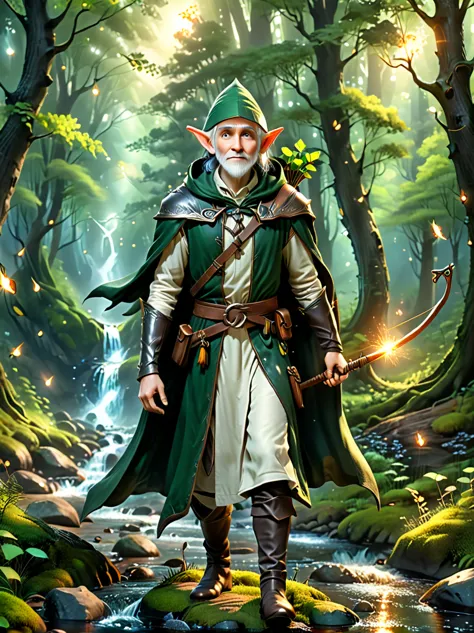 an old man, an experienced elf ranger embarks on a long journey of resistance, an elf wearing a leather tunic and a hooded cloak...