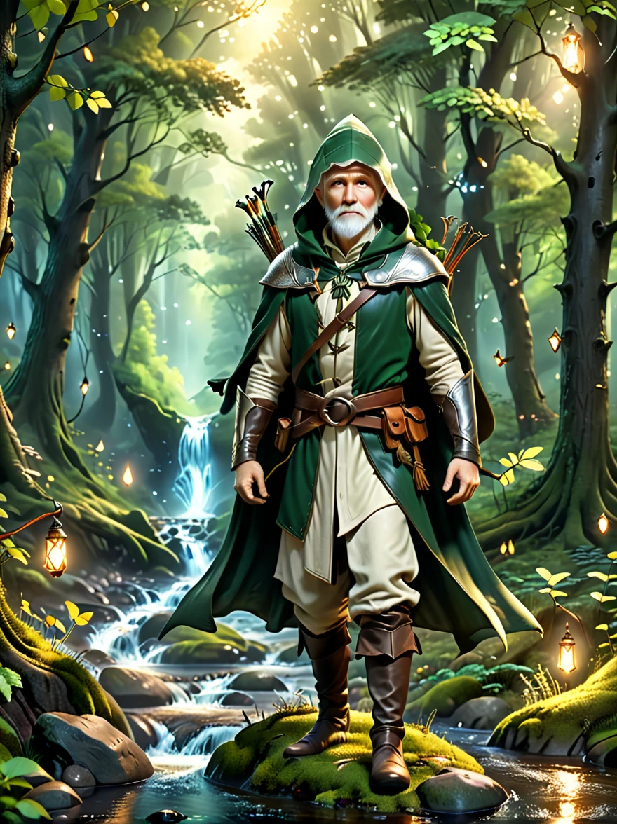 An old man, An experienced Elf Ranger embarks on a long journey of resistance, An elf wearing a leather tunic and a hooded cloak of gleaming platinum silk，Holding Elven Bow, Black Forest, A forest landscape in the background，Beautiful trees, Stream and Fireflies, panoramic, movie lighting, dramatic scene, High quality 3D rendering, fantasy, Pixar 3D character design style, Dreamyvibes Artstyle