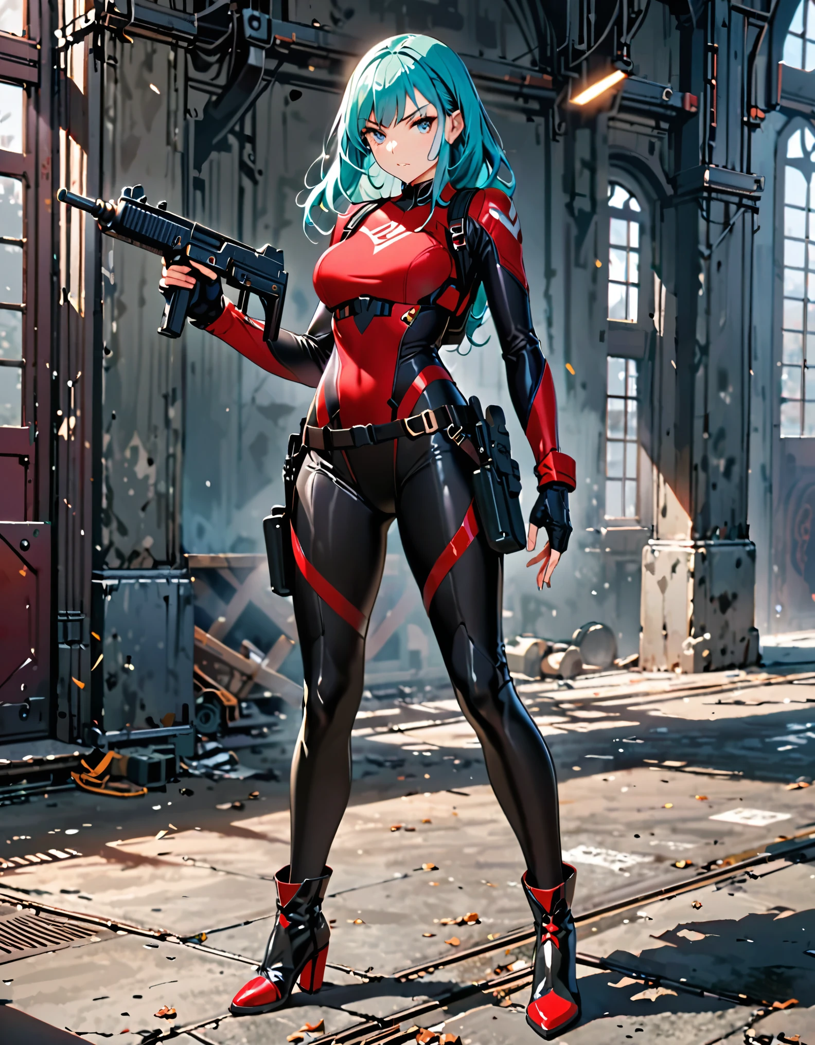 masterpiece, highly detailed, best quality, high quality, 1girl, (solo, solo focus), grey eyes, beautiful detailed eyes, beautiful detailed face, perfect hands, complete fingers, perfect anatomy, perfect proportions, long aqua hair, using uzi, detailed shadows, detailed light, (black skintight bodysuit, red leotard, shoulder holster), (full black pantyhose, skintight black leggings), matching boots, full body, serious, full body costume design