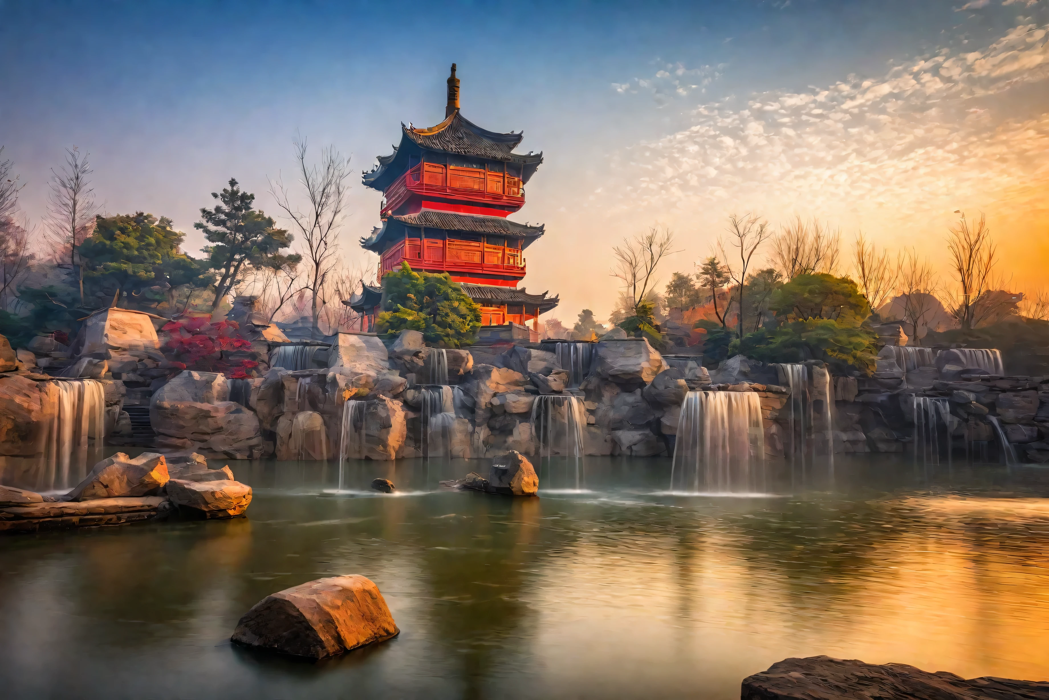 There is Fall in the middle of the pond，The background is the pagoda, ChinaLong exposure photography, Ancient Chinese Tower,  Chinese Palace, Ancient city landscape,Fall, masterpiece, best quality, 超high resolution, (Reality:1.4), 1 reality photos, UHD 4k, Long exposure photography, Ultra-wide-angle view, isolated, eternity, Nathan Voss&#39;s style, National Geographic Photo, RAW photos，Best quality)，(reality，照片Reality:1.3)，masterpiece，Extremely exquisite and beautiful，high resolution，Original，Perfect lighting，(Extremely detailed CG: 1.2)，Unite，2k wallpaper，Amazing，Fine details