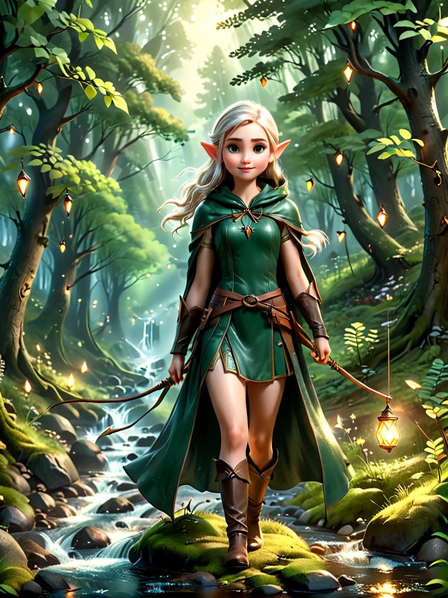 A girl, An experienced Elf Ranger embarks on a long journey of resistance, An elf wearing a leather tunic and a hooded cloak of gleaming platinum silk，Holding Elven Bow, Black Forest, A forest landscape in the background，Beautiful trees, Stream and Fireflies, panoramic, movie lighting, dramatic scene, High quality 3D rendering, fantasy, Pixar 3D character design style, Dreamyvibes Artstyle