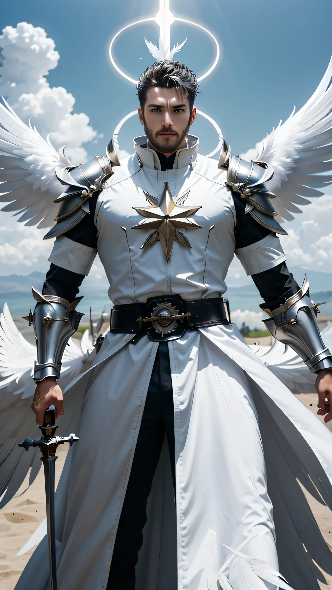 manly priest in heaven Valhalla, look at the viewer, bababruno person, priest outfit, elegant stance, hold a longsword, longsword, paladin, halo, white wings, blue sky with cloud background, view from below, devil look, (feathers:1.2), vahalla, facial hair, beard, (masterpiece,best quality:1.5)