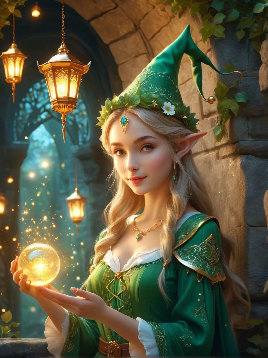 Europe, traditional, magic, A cute elf，在magic仙境中发出致命的哀嚎, Beautiful whimsical fantasy art concept, Detailed background, Glowing particles, Intricate details, Extremely sharp