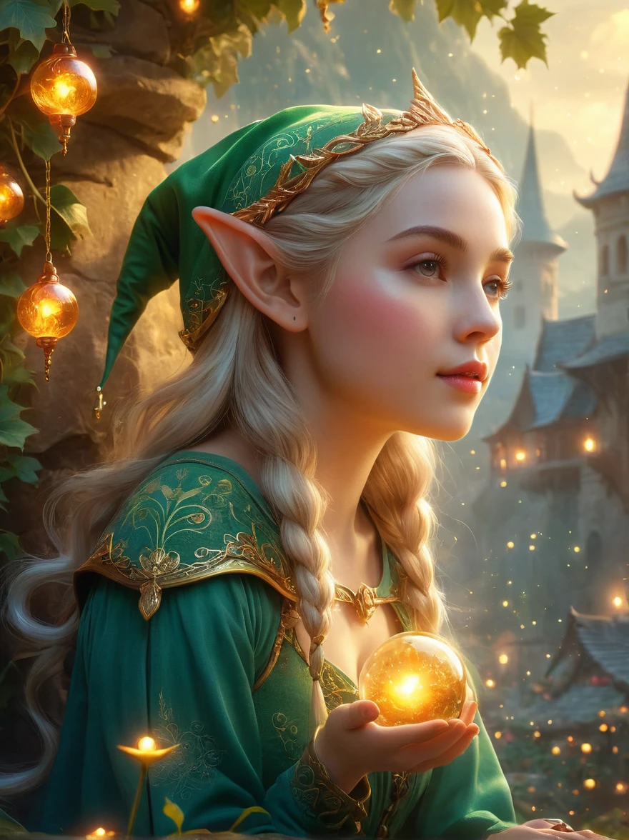 Europe, traditional, magic, A cute elf，在magic仙境中发出致命的哀嚎, Beautiful whimsical fantasy art concept, Detailed background, Glowing particles, Intricate details, Extremely sharp