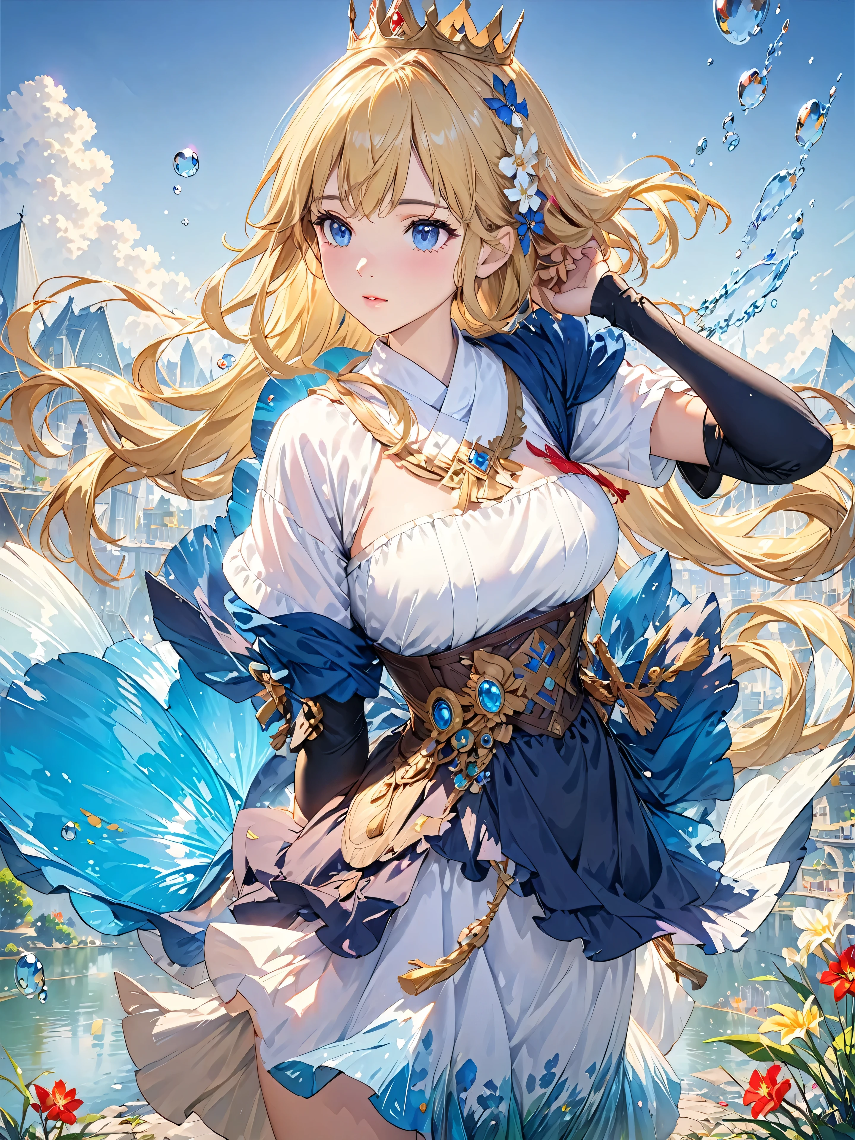 "(best quality,4k,8K,high resolution,masterpiece:1.2), Extremely detailed,(Practical,Realistically,Realistically:1.37), Impressionism, Under the water, iris, bubble, Busty girl, fish, Long blond hair, 洪water, , water, Princess, Blonde hair and blue eyes, Off-shoulder short sleeves, ,Low-cut clothing,blue eyes, fairies, The Legend of Zelda, Jewel-like, CG, kingdom city background, mechanical, crown, Lighting Effects."