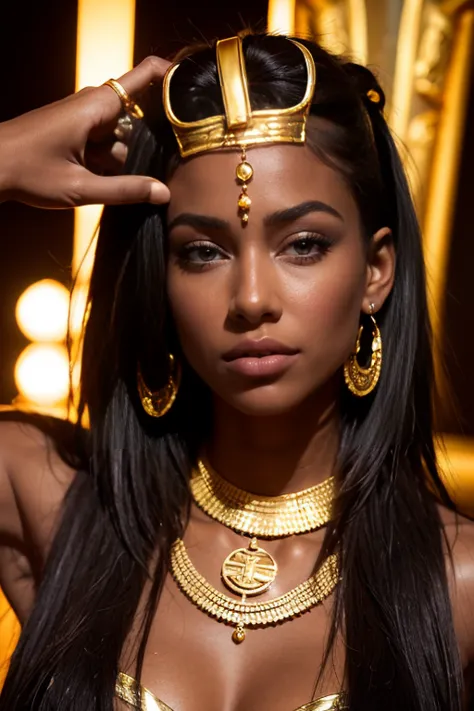 Female Egyptian pharaoh goddess with very dark skin, she lives in Sudan stylish with refined gold thread tattoos on her face ((c...