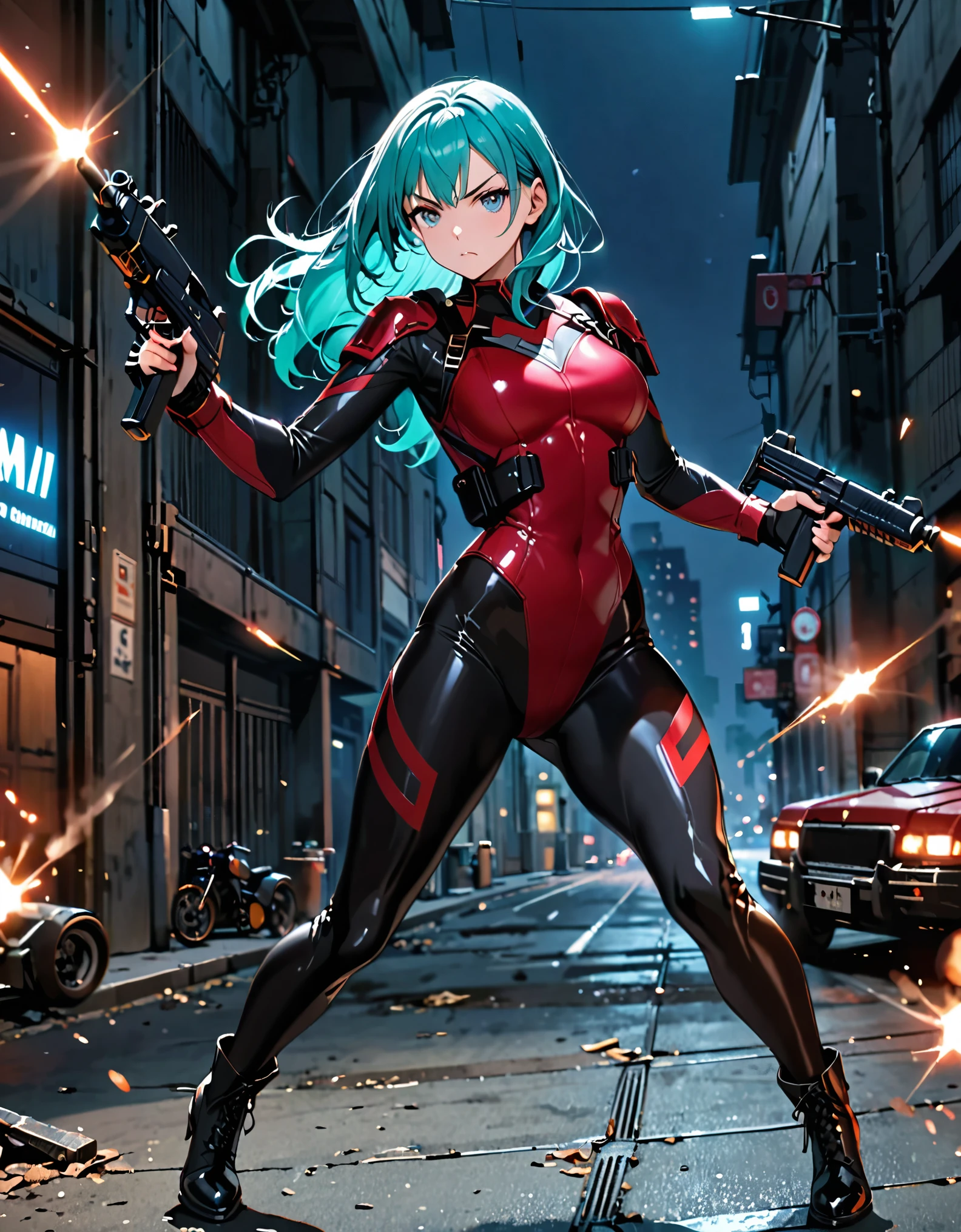 masterpiece, highly detailed, best quality, high quality, 1girl, (solo, solo focus), grey eyes, beautiful detailed eyes, beautiful detailed face, perfect hands, complete fingers, perfect anatomy, perfect proportions, long aqua hair, using uzi, detailed shadows, detailed light, (black skintight bodysuit, red leotard, shoulder holster), (full black pantyhose, skintight black leggings), matching boots, full body, serious, full body costume design, dynamic action pose, nighttime.