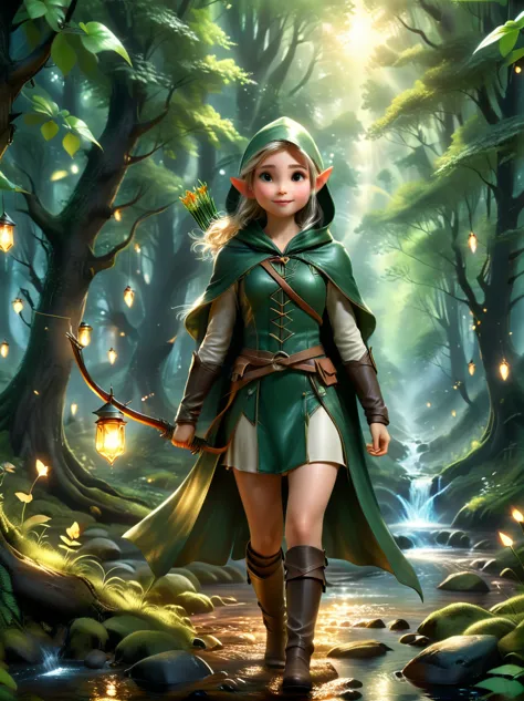 A girl, An experienced Elf Ranger embarks on a long journey of resistance, An elf wearing a leather tunic and a hooded cloak of ...