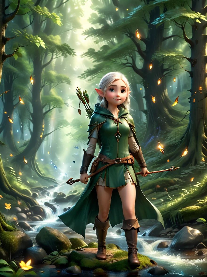 A girl, An experienced Elf Ranger embarks on a long journey of resistance, An elf wearing a leather tunic and a hooded cloak of gleaming platinum silk，Holding Elven Bow, Black Forest, A forest landscape in the background，Beautiful trees, Stream and Fireflies, panoramic, movie lighting, dramatic scene, High quality 3D rendering, fantasy, Pixar 3D character design style, Dreamyvibes Artstyle