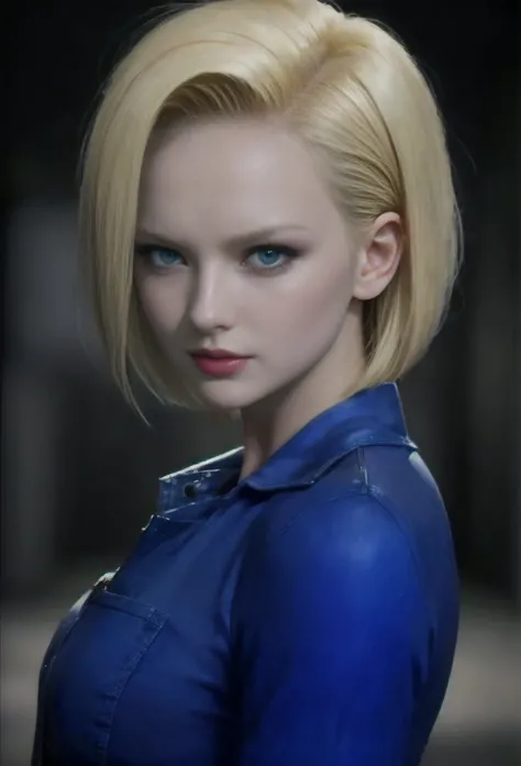 Android 18, (best quality, ultra-detailed), (realistic:1.37), beautiful and detailed face, ultra-realistic texture, delicate fac...