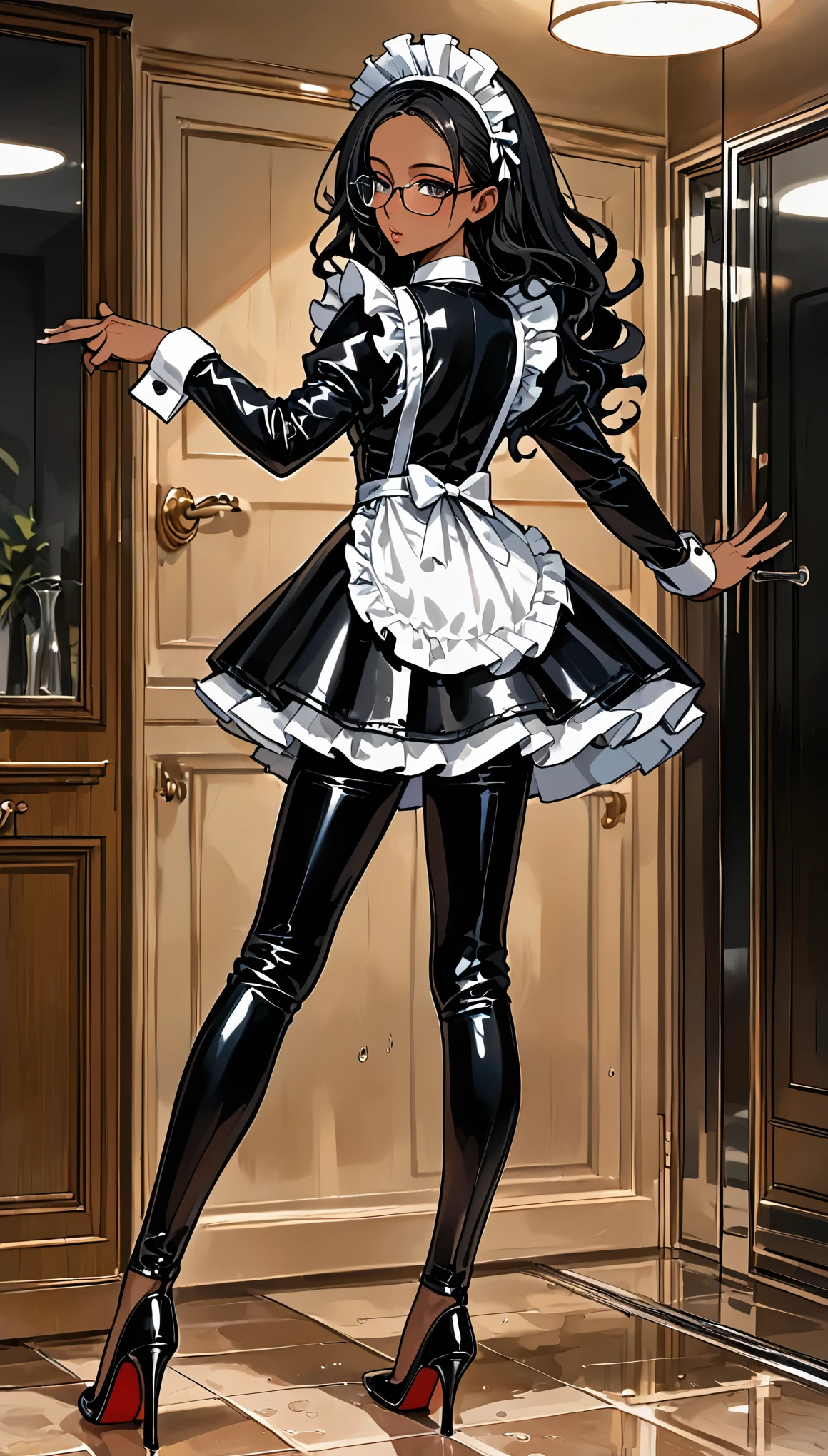 (masterpiece, best quality:1.2),wavy hair maid，Solitary,Wear glasses，Exquisite eyes,Delicate black hair，Charming eye shadow( Black person:1.2)( dark skin:1.2)，african man,( Smooth skin:1.2)( Wear a sexy leather maid outfit:1.2)， Slender body proportions，Wet sexy plump lips，Long legs，Perfect fingers，High heel，( Back pose 1.2), (Rear view 1.2)In the shower