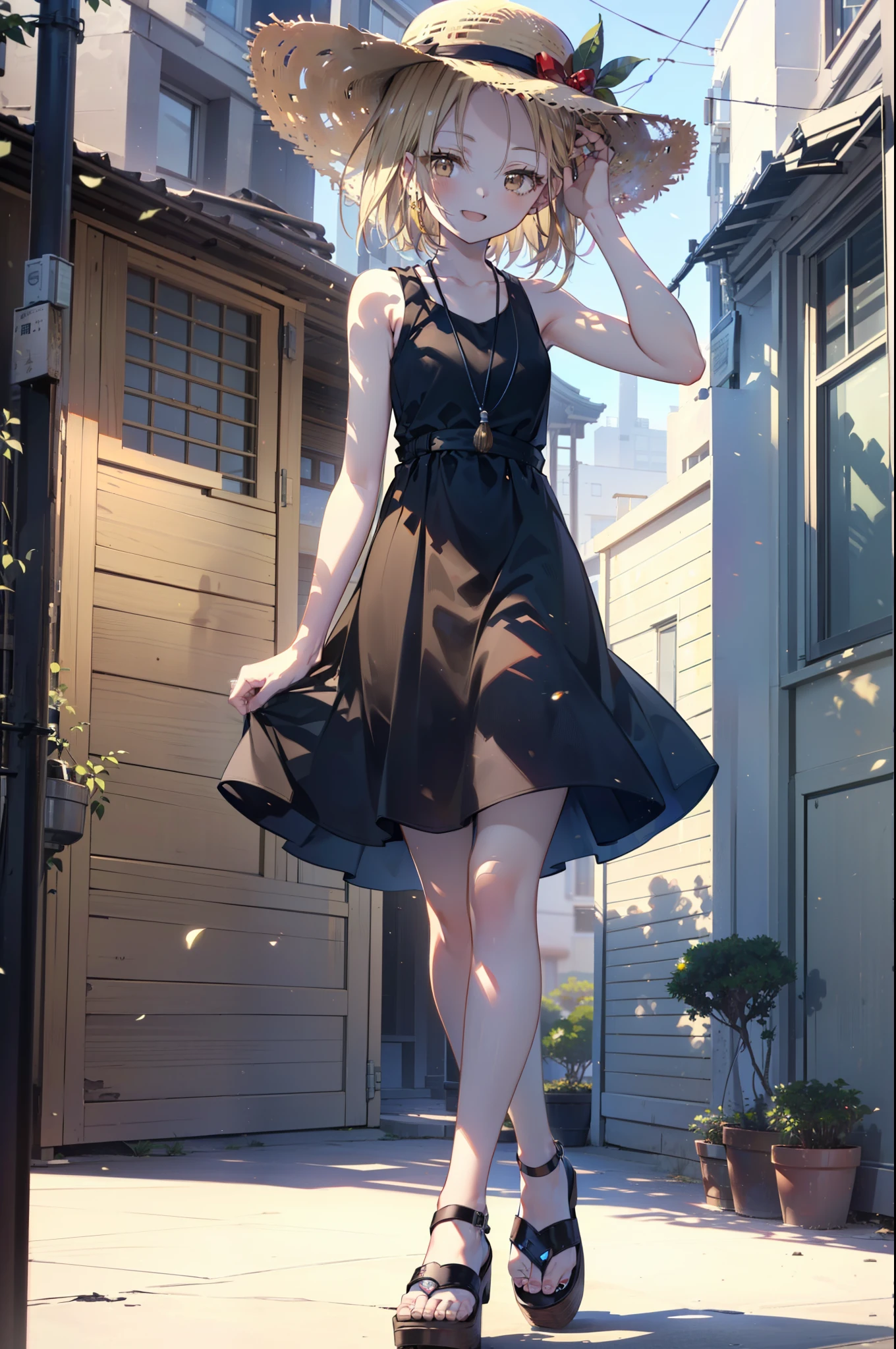 (annakyouyama, anna kyouyama, Blonde Hair, short hair, (Brown eyes:1.7),happy smile, smile, Open your mouth,Big straw hat,Black sleeveless dress,Long skirt,Cute Sandals,Daytime,Clear skies,Walking,
壊す looking at viewer, whole body,
Destroy outdoors, Building district,Destroy the coastal road (masterpiece:1.2), highest quality, High resolution, unity 8k wallpaper, (shape:0.8), (Fine and beautiful eyes:1.6), Highly detailed face, Perfect lighting, Highly detailed CG, (Perfect hands, Perfect Anatomy),