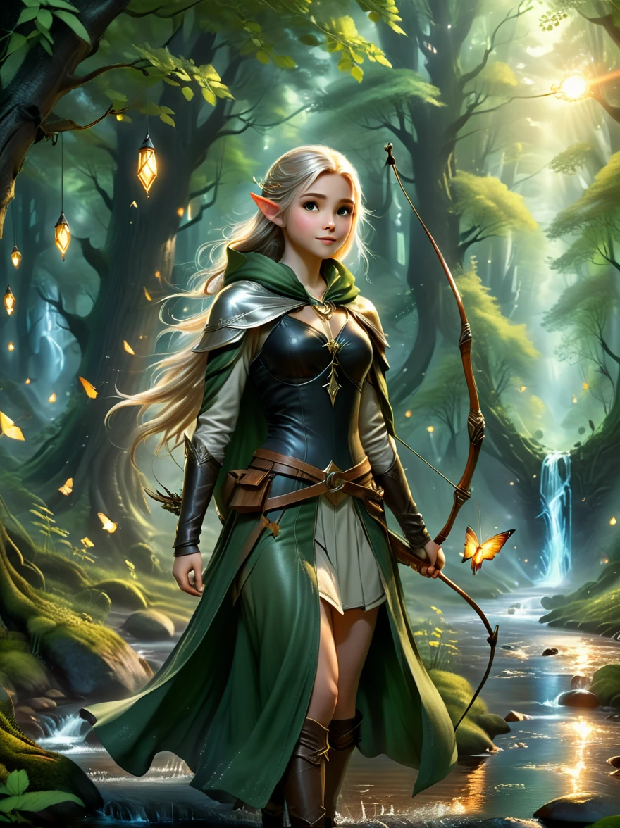 Une fille, Un Elf Ranger expérimenté se lance dans un long voyage de résistance, Un elfe portant une tunique en cuir et une cape à capuche en soie platine brillante，Tenir un arc elfique, forêt Noire, Un paysage forestier en arrière-plan，Beaux arbres, Ruisseau et lucioles, panoramique, éclairage de cinéma, scène dramatique, Rendu 3D de haute qualité, fantaisie, Style de conception de personnages 3D Pixar, Style artistique Dreamyvibes