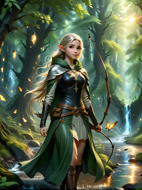 A girl, An experienced Elf Ranger embarks on a long journey of resistance, An elf wearing a leather tunic and a hooded cloak of ...
