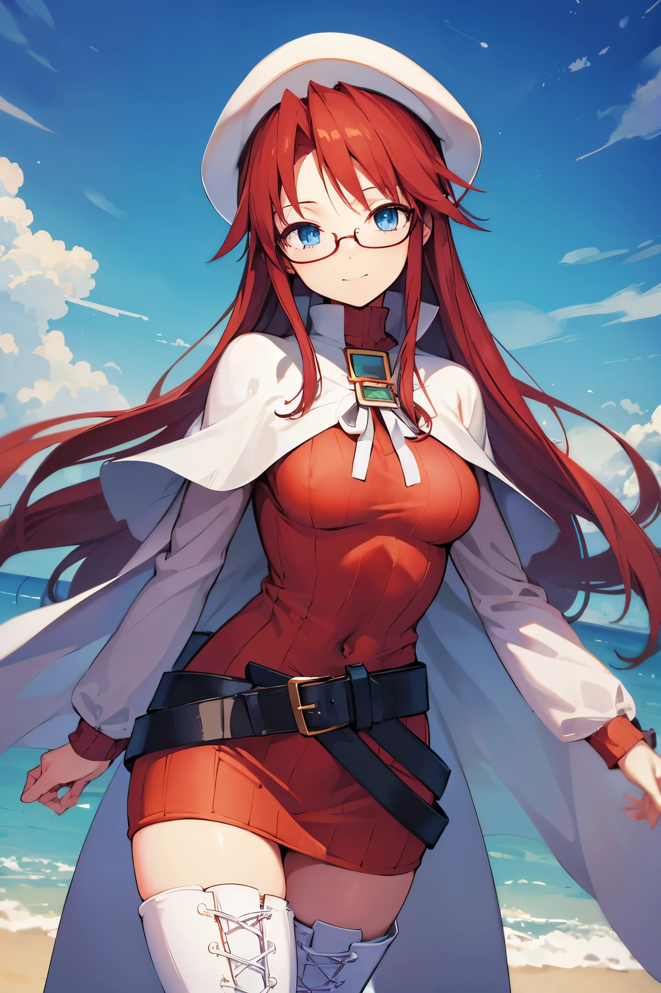 summonnightaty, aty, (young:1.3),long hair, blue eyes, red hair, big_berets, hat, glasses,
BREAK long hair, thighhighs, hat, dress, boots, glasses, belt, cape, sweater, zettai ryouiki, beret, thigh boots, white footwear, ribbed sweater, loose belt,solo,
BREAK outdoors, fantasy,on_beach,
,Highquality_hads,perfect_fingers,
BREAK (masterpiece:1.2), best quality, high resolution, unity 8k wallpaper, (illustration:0.8), (beautiful detailed eyes:1.6), extremely detailed face, perfect lighting, extremely detailed CG, (perfect hands, perfect anatomy),covered_nipples,covered_navel ,half_eyes,long_sword,sleepy,standing,red_sweater,apart_knees,magical_effect,spread_legs, have_a_book,teacher,rise_knee,Smile,rise_hand,look_down_viewer,spread_arms,sea​_waves,looking_into,blue_sky