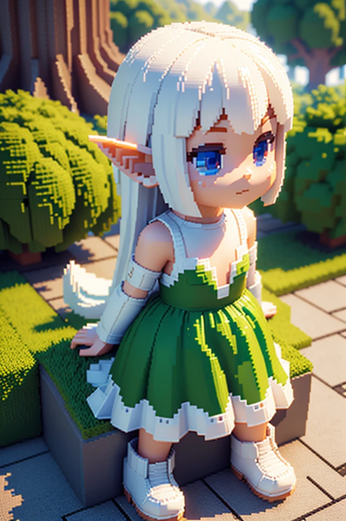 voxels,(3d big pixel art),(3d pixel art),Allein,1weiblich\(elf,chibi,Niedlich,Kawaii,kleines Kind,schwebende Haare,,weiße Haut,Brust,auf dem Baum sitzen\),(3d pixel art),Hintergrund\(einfach,Niedlich,Bäume\)