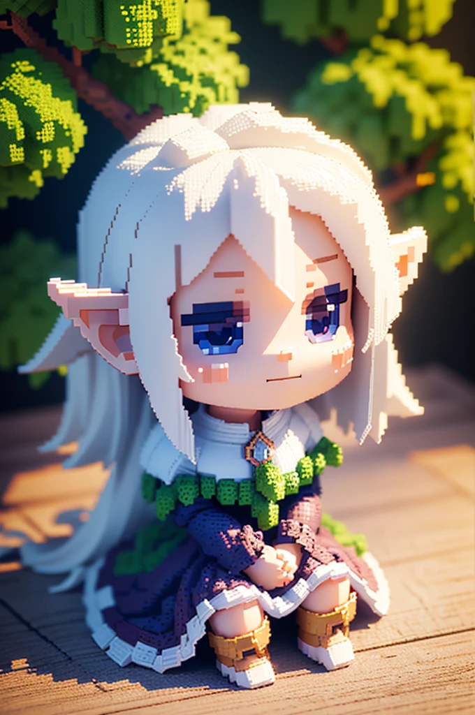 voxels,(3d big pixel art),(3d pixel art:1.2),solo,1female\(elf,chibi,cute,kawaii,small kid,hair floating,slightly smiling,white skin,breast,sitting on the branch of the tree\),(3d pixel art),background\(simple,cute,trees,clean pond\),(close up elf:1.1)