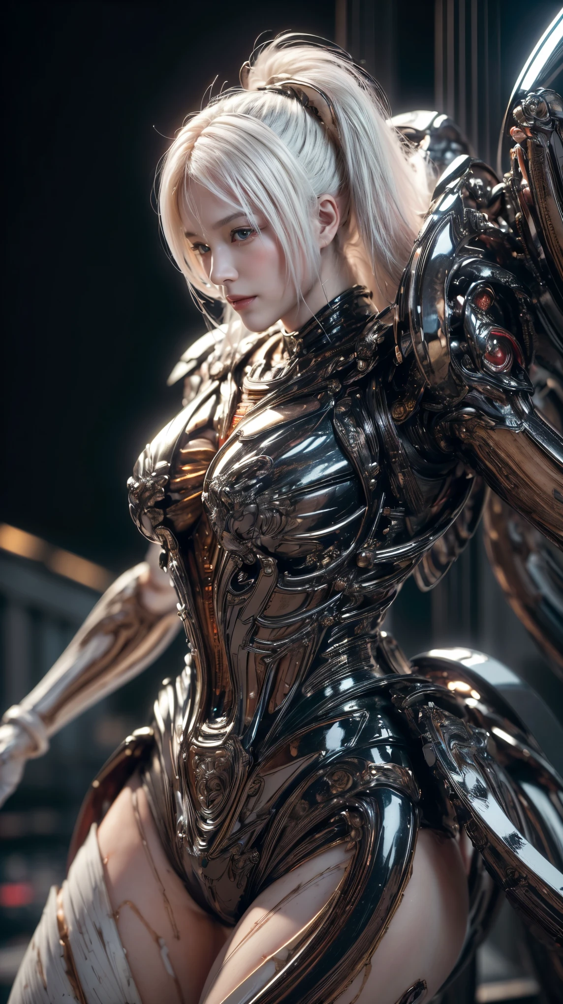 (top-quality:1.2, masterpiece), ultra high resolution, (Photorealsitic:1.4), (crab-base body),  1 Japanese female, extremely realistic face, (white hair), ((ultimately intricate all details)), (whole body picture), realistic shadow, octan render, glossy textures, character edge light, Details of complex ornaments,  dystopia with a beautiful view at night, fighting pose