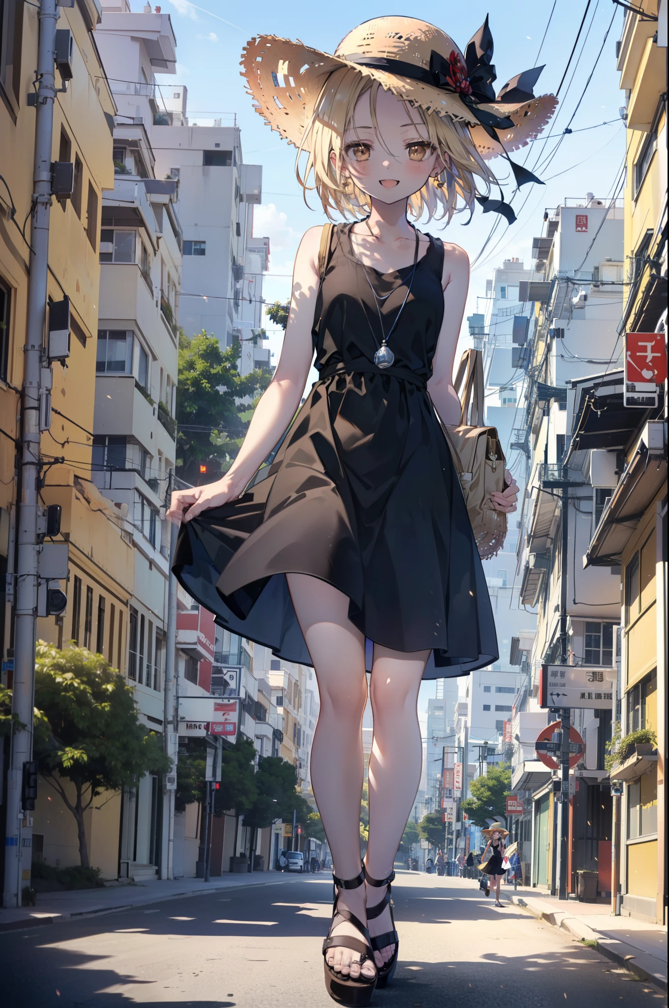 (annakyouyama, anna kyouyama, Blonde Hair, short hair, (Brown eyes:1.7),happy smile, smile, Open your mouth,Big straw hat,Black sleeveless dress,Long skirt,Cute Sandals,Daytime,Clear skies,Walking,
壊す looking at viewer, whole body,
Destroy outdoors, Building district,Destroy the coastal road (masterpiece:1.2), highest quality, High resolution, unity 8k wallpaper, (shape:0.8), (Fine and beautiful eyes:1.6), Highly detailed face, Perfect lighting, Highly detailed CG, (Perfect hands, Perfect Anatomy),