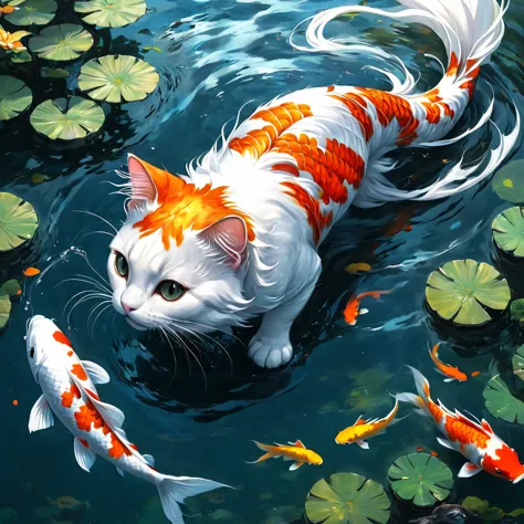 Fishtail cat in the sea，Big koi，黑色的Big koi