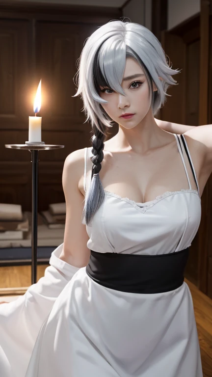 （（Best quality：1.4））、（An unrivalled masterpiece）、（Ultra HD）、（Ultra-realistic 8k CG）、（Half-length image from head to thigh）、（Ultra Detailed）、（Maid）、Highly detailed Maid clothes，Half apron，Stunning beauty，White hair，Black Hair，Colorful Hair，short hair，Straight Hair，Long braids（White），Glowing red eyes，Red X pupil（focus），Cold expression，Super huge ，Movie，hapiness，In the Old West House，Candle lighting，Use backlighting to add depth to your images，Anisotropic filtering，Deep field of view，Maximum clarity and clarity，，8 Really small，thickness：0.8，Perfect anatomy，Symmetrical balance，Beautiful gradient，Sharp focus，Golden Ratio，image in center，Beautiful composition，