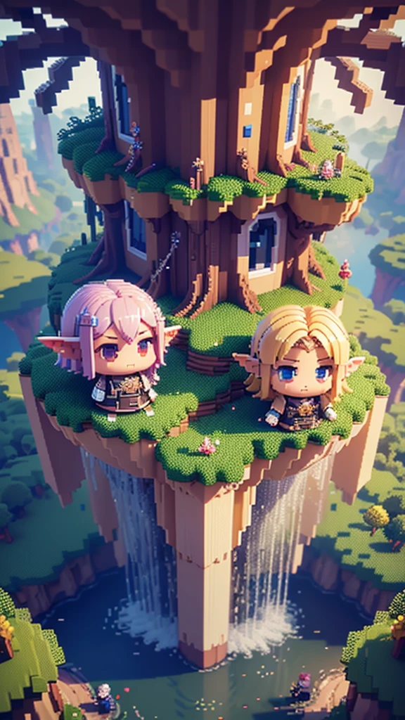 voxels,(3d big pixel art),(3d pixel art:1.2), (many elves\((chibi:1.5),living daily life,eating food,washing clothes,talking each other,living on Yggdrasil\)),background\(Yggdrasil\(very huge tree,elf settlement\),forrest,beautiful lake around Yggdrasil\), BREAK ,quality\(8k,wallpaper of extremely detailed CG unit, ​masterpiece,hight resolution,top-quality,top-quality real texture skin,hyper realisitic,increase the resolution,RAW photos,best qualtiy,highly detailed,the wallpaper,cinematic lighting,ray trace,golden ratio\),isometric view,(3d pixel art),