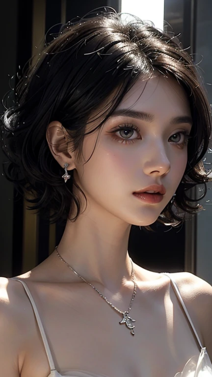 masterpiece，，illustration，Short curly hair，Straight Hair，White hair，Black Hair，Colorful Hair，[flat chest：：0.8]，White gold earrings，White gold necklace，White Dress，1 girl，cute，（Dynamic Lighting：1.2），Cinema Lighting，Exquisite facial features，Eyeliner，Luminescence&#39;s red eyes, Red X pupil，Sharp pupils，Realistic students，Depth of Field，Bokeh，Sharp focus，（Ultra Detailed，Halo，Luminescence：1.4）