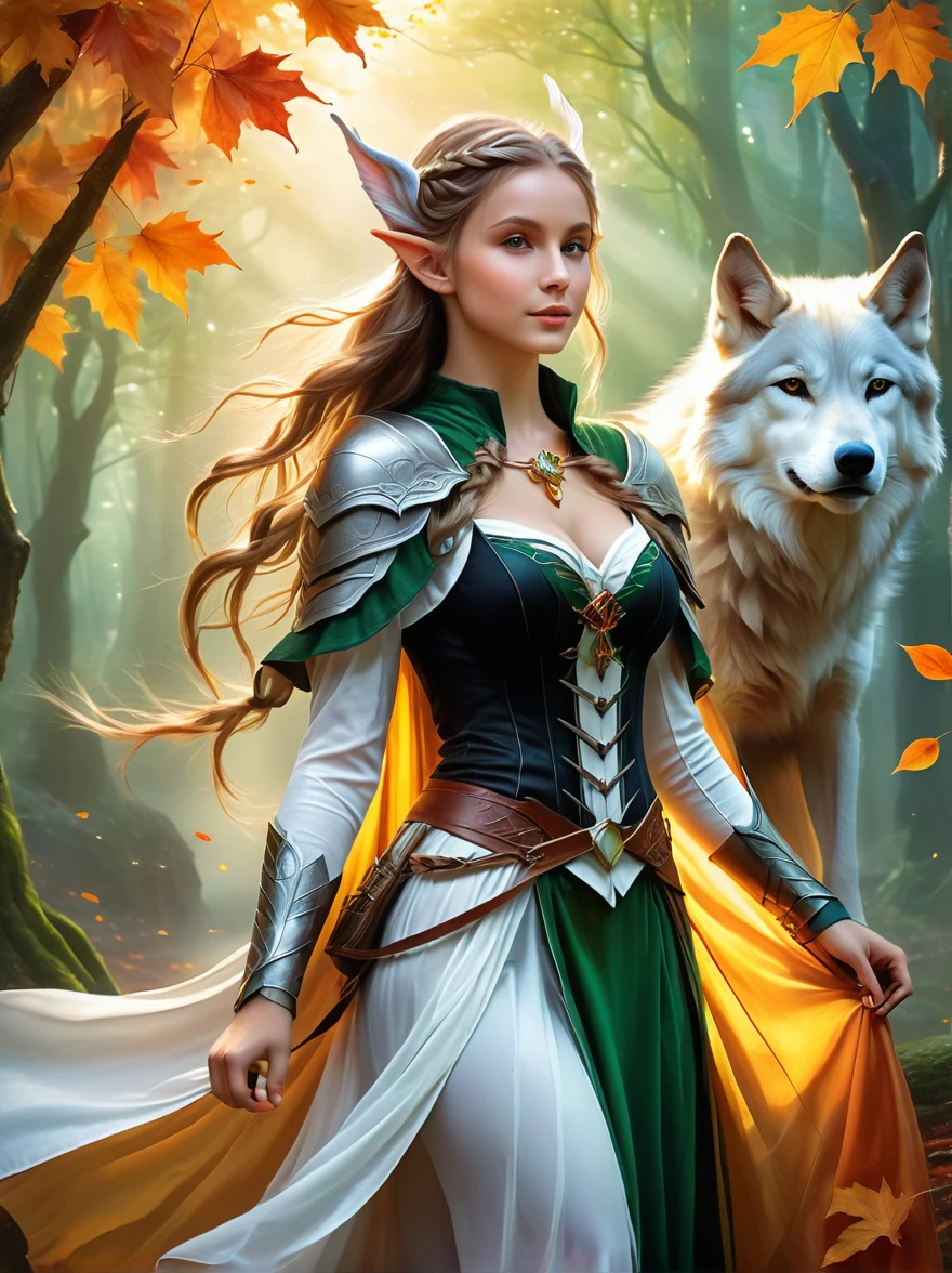 1hbgd1, 1girl, (Elf Magician:1.5)，Magic energy gathers in the palm of your hand, Autumn braids and cape flying in the wind, The delicate leaf-shaped armor shimmers in the mysterious forest mist behind her, A wolf stood firmly beside her, Prepare for an adventure, Dynamic fantasy scenery, Radiant lighting, (The work should transition from the black and white pencil drawing style on the left half to the bright colors on the right half, ensuring that the two halves blend seamlessly without any dividing lines. Shown with detailed black and white pencil strokes on the left and filled color on the right, creating a harmonious blend throughout the image)