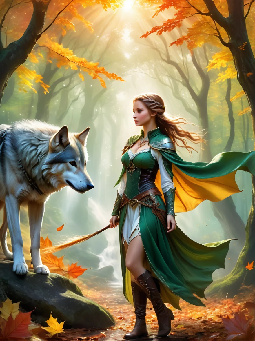 1hbgd1, 1girl, (Elf Magician:1.5)，Magic energy gathers in the palm of your hand, Autumn braids and cape flying in the wind, The delicate leaf-shaped armor shimmers in the mysterious forest mist behind her, A wolf stood firmly beside her, Prepare for an adventure, Dynamic fantasy scenery, Radiant lighting, (The work should transition from the black and white pencil drawing style on the left half to the bright colors on the right half, ensuring that the two halves blend seamlessly without any dividing lines. Shown with detailed black and white pencil strokes on the left and filled color on the right, creating a harmonious blend throughout the image)