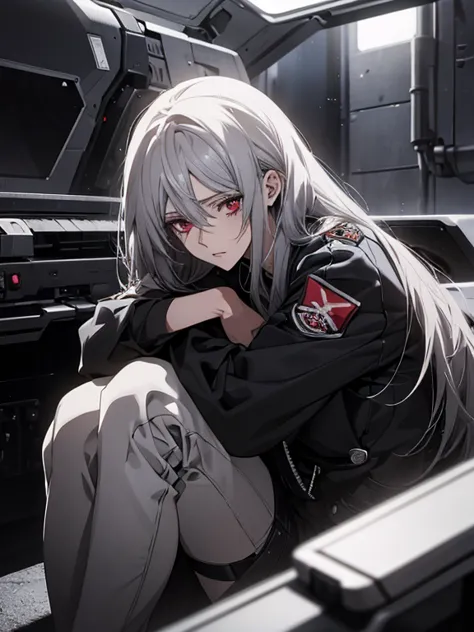 (confused, high resolution, very detailed), 1 female, silver hair,long hair,red eyes,black pilot jacket,24th generation,beauty,m...