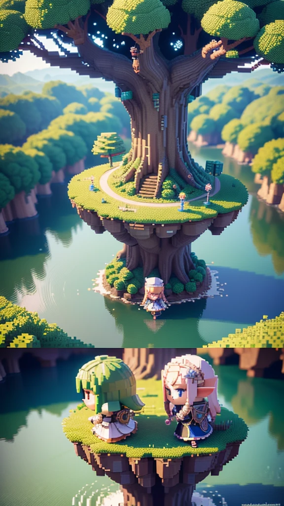 voxels,(3d big pixel art),(3d pixel art:1.2), (many elves\((chibi:1.5),living daily life,eating food,washing clothes,talking each other,living on Yggdrasil\)),background\(Yggdrasil\(very huge tree,elf settlement\),forrest,beautiful lake around Yggdrasil\), BREAK ,quality\(8k,wallpaper of extremely detailed CG unit, ​masterpiece,hight resolution,top-quality,top-quality real texture skin,hyper realisitic,increase the resolution,RAW photos,best qualtiy,highly detailed,the wallpaper,cinematic lighting,ray trace,golden ratio\),isometric view,(3d pixel art),
