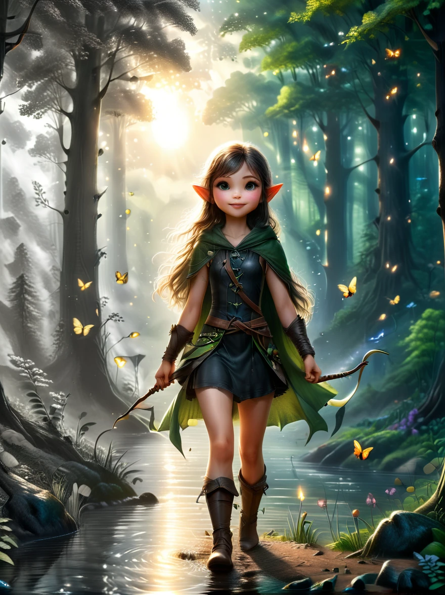 1 chica, Un experimentado Elf Ranger se embarca en un largo viaje de resistencia., Un elfo vestido con una túnica de cuero y una capa con capucha de reluciente seda platino.，Sosteniendo el arco élfico, Bosque Negro, Un paisaje forestal al fondo.，Hermosos arboles, Arroyo y luciérnagas, panoramic, iluminación de película, escena dramática, Representación 3D de alta calidad, Fantasía, Estilo de diseño de personajes 3D de Pixar., (El trabajo debe pasar del estilo de dibujo a lápiz en blanco y negro en la mitad izquierda a los colores brillantes en la mitad derecha., asegurando que las dos mitades se mezclen perfectamente sin líneas divisorias. Se muestra con trazos detallados de lápiz en blanco y negro a la izquierda y color relleno a la derecha., creando una mezcla armoniosa en toda la imagen)