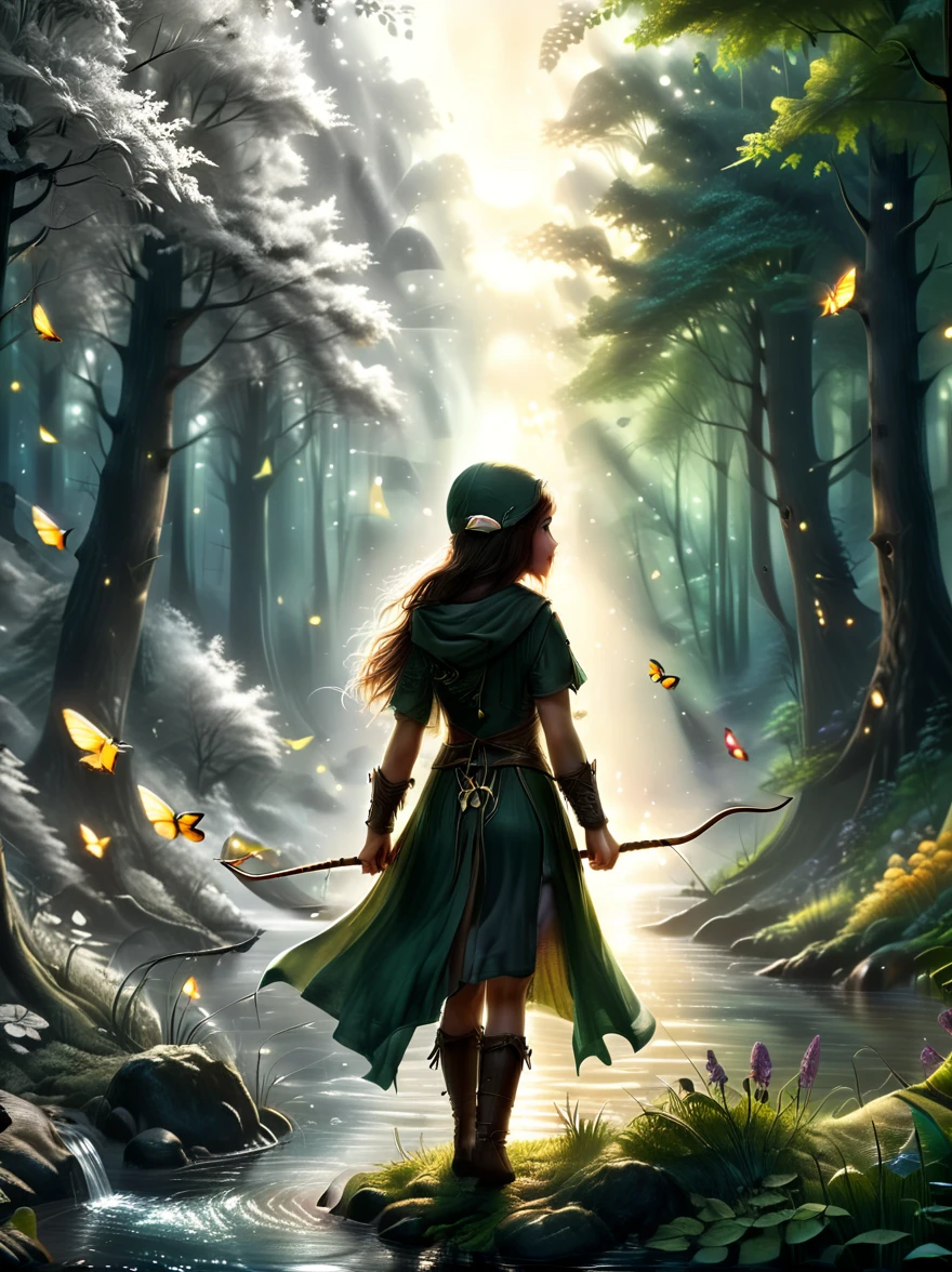 1girl, An experienced Elf Ranger embarks on a long journey of resistance, An elf wearing a leather tunic and a hooded cloak of gleaming platinum silk，Holding Elven Bow, Black Forest, A forest landscape in the background，Beautiful trees, Stream and Fireflies, panoramic, movie lighting, dramatic scene, High quality 3D rendering, fantasy, Pixar 3D character design style, (The work should transition from the black and white pencil drawing style on the left half to the bright colors on the right half, ensuring that the two halves blend seamlessly without any dividing lines. Shown with detailed black and white pencil strokes on the left and filled color on the right, creating a harmonious blend throughout the image)