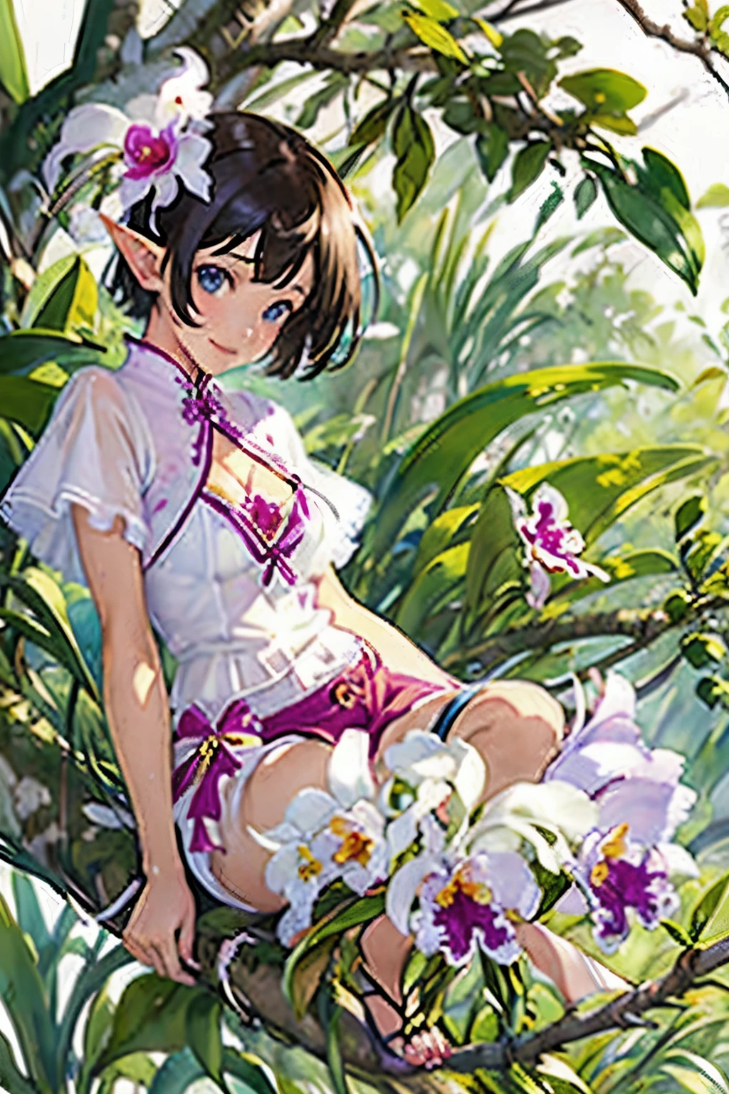 (highest quality、High resolution、masterpiece)、4K Anime Art、((Cattleya, Three Flowers, close, whole body, full bloom, ))、(Elf sitting on a tree branch、short hair、A kind smile、Small breasts)、Soft Focus、((Sargent-style watercolor))、((White Background))、(No background)、Blur the background、
