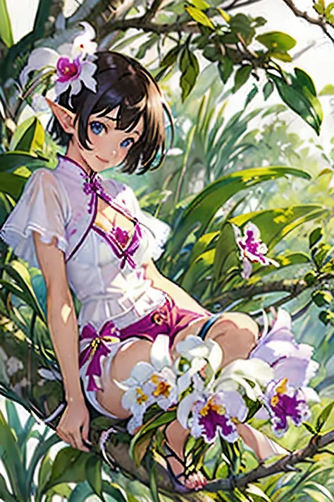 (highest quality、high resolution、masterpiece)、4k anime art、((cattleya, three flowers, close, whole body, full bloom, ))、(elf sit...