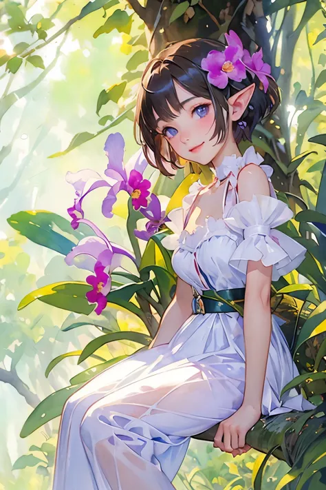 ((cattleya, three flowers, close, whole body, ))、(elf sitting on a tree branch、short hair、a kind smile、small breasts)、soft focus...